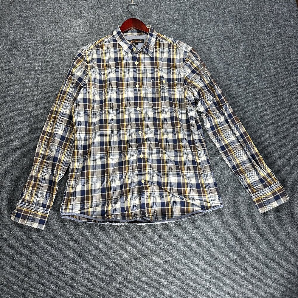 Ben Sherman Shirt Mens Large Button Up Blue Gray Yellow Plaid Cotton Pocket